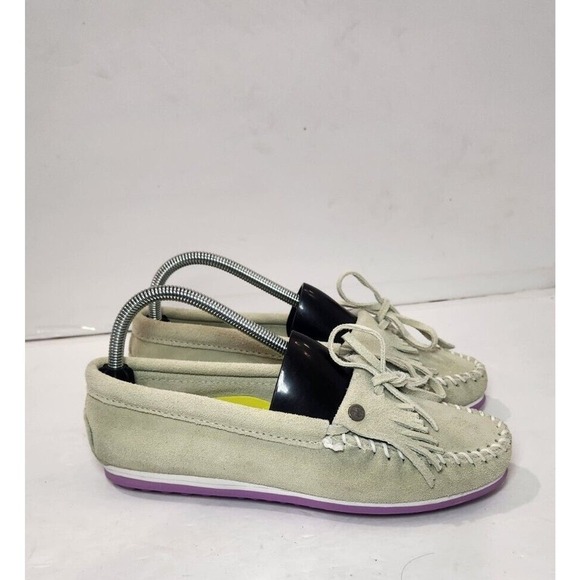 Minnetonka Womens Kilty Plus Moccasin Sz 8 Green Purple Suede Flat Slip On Shoe - Picture 2 of 10